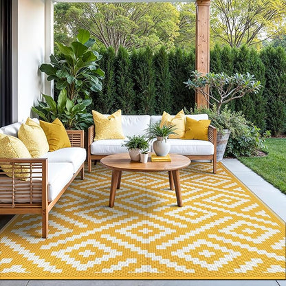 GENIMO Outdoor Rug for Patio Clearance, 6'x9' Reversible Plastic Straw Rugs, Lightweight Waterproof RV Camping Mat for Camper, Balcony, Deck, Backyard, Picnic, Yellow & Beigewhite