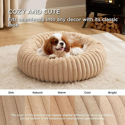 Bedsure ComfyFleece™ Donut Medium Dog Bed - Washable Faux Fur with Corduroy Fleece & Anti Slip Bottom, Round Pet Bed with Removable Cover, Sandy Beige, 30x30x8 inches