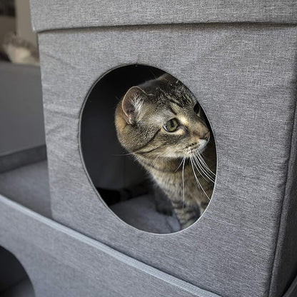 Kitty City Large Stackable Cat Condo & Cube House, Modular Indoor Cat Furniture with Plush Washable Beds, Collapsible Cat Cave & Lounging Ottoman, Grey