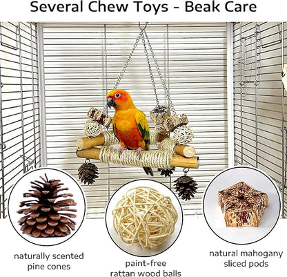 Large Bird Swing for Cage with Chew Toys, 3 Sisal-Wrapped Bird Perches & Stable Triangle Design, Wooden Hanging Quaker Toy Swing for Medium-Sized Bird Cockatiel Ring-Necked Caique Balance Training (L)