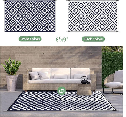 GENIMO Outdoor Rug for Patio Clearance,6'x9' Waterproof Mat,Reversible Plastic Camping Rugs,Rv,Deck,Porch,Camper,Balcony,Backyard (Navy Blue & White)
