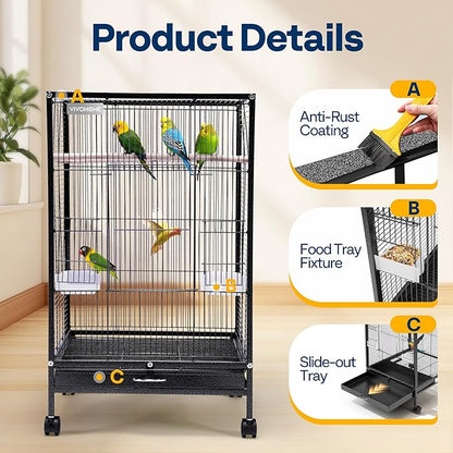VIVOHOME 30 Inch Height Wrought Iron Bird Cage with Rolling Stand for Conures Lovebirds Cockatiels Finches, Black