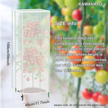 Garden Bird Netting Plant Cover for Square Tomato Cage, 59" x 17.7" Insect Barrier Tomato Cage Net with Zipper and Drawstring, Tomato Trellis Netting Protection Cover for Protecting Plant (3 Pack)