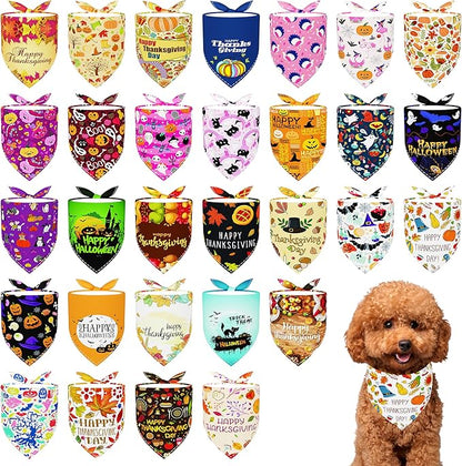 30 Pack Halloween Thanksgiving Dog Bandanas Bulk Stitch Dog Bandanas Small Dogs Polyester Scarves Puppy Cats Breed Party Grooming S