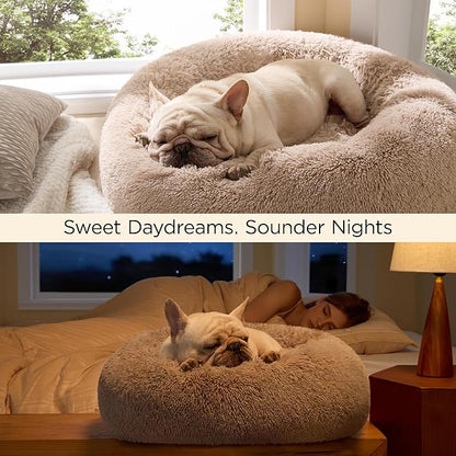 Bedsure Calming Dog Bed Medium Large Size Dogs - Donut Washable Large Pet Bed, 33 inches Anti-Slip Round Fluffy Plush Faux Fur Dog Bed, Camel