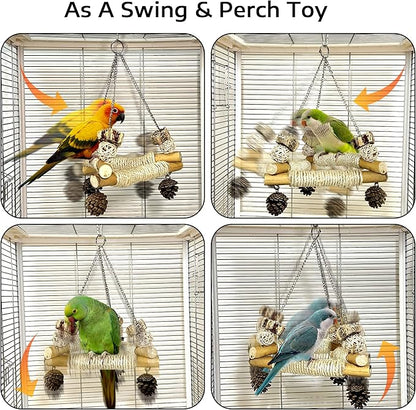 Large Bird Swing for Cage with Chew Toys, 3 Sisal-Wrapped Bird Perches & Stable Triangle Design, Wooden Hanging Quaker Toy Swing for Medium-Sized Bird Cockatiel Ring-Necked Caique Balance Training (L)