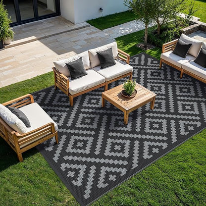 GENIMO Outdoor Rug for Patio Clearance,9'x12' Waterproof Large Mat,Reversible Plastic Camping Rugs,Rv,Porch,Deck,Camper,Balcony,Backyard,Black & Gray