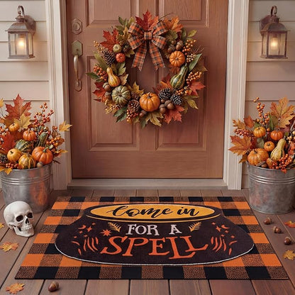 Tinideya 2 Pcs Halloween Door Mat Come in for A Spell Welcome Non Slip Coir Mats Funny Black Orange Buffalo Plaid Floor Layering Doormats Seasonal for Front Porch Entryway Decor(Come in for A Spell)