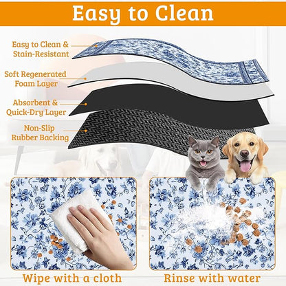 Blue Flower Dog Food Mat,Absorbent Pet Feeding Mat for Food and Water Bowl,Quick Dry Dog Placemat Non Slip Rubber Backing Waterproof Pet Supplies 16" x 24"