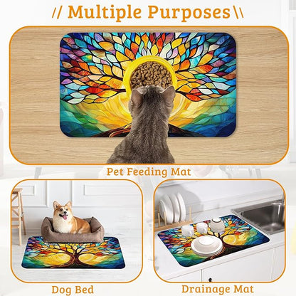 Tree of Life Feeding Mat,Colorful Tree Absorbent Quick-Dry Cat Dog Food and Water Bowl Mats,Non-Slip Rubber Backing Mat,Cat Dog Accessories Supplies 12" x 20"