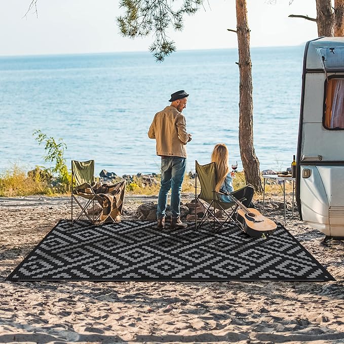 GENIMO Outdoor Rug 4x6 Waterproof, Reversible Mats, Outdoor Area Rug, Plastic Outside Carpet, Eeometric Rv Mat for Patio Camping Rv Picnic Backyard Deck Balcony Porch Beach (Black & Grey)