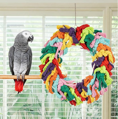 Parrot Swing for Large Birds - Colorful Cotton Rope Hanging Ring Toy for African Grey, Cockatoo, Conure, and Parakeet | Chewing, Exercise, Climbing, and Snuggling (Parrot Swing)