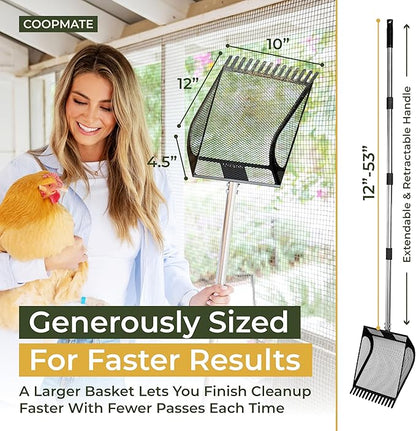 2-in-1 Chicken Coop Poop Scooper and Rake - Metal Sand Sifting Litter Scoop Shovel with Angled Basket and Micro-Sized Diamond Mesh to Catch The Smallest Farm Animal Droppings - Adjustable 12" to 53"