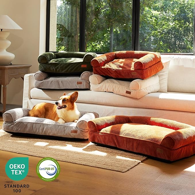 FUKUMARU Dog Couch Bed, Corduroy Cozy Cat Bed for Indoor Cats with Washable Cover, 28in Waterproof Orthopedic Dog Beds Sofa for Small Dogs and Large Cats, Cute Warm Cotton Pet Sofa, Grey