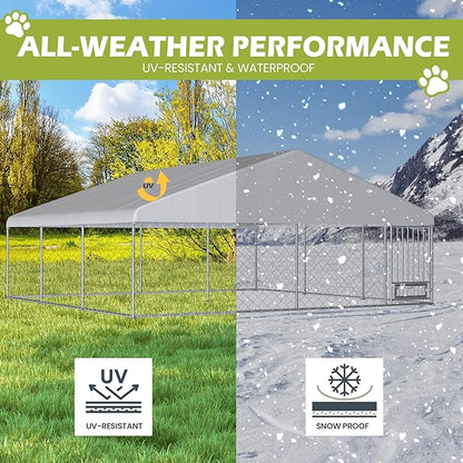 15FTx15FT Outdoor Dog Kennel with Roof, Outside Dog Run Fence with Rotated Dog Bowls, Large Dog House Pen Enclosure with Secure Lock&Textilene Door