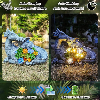 Dragon Solar Garden Statues Outdoor Decoration with Succulent and 6 LED Lights,Dragon Figurine Solar Lights Lawn Décor,Outside Statue Ornament for Patio, Balcony, Yard,Unique Gift for Mom