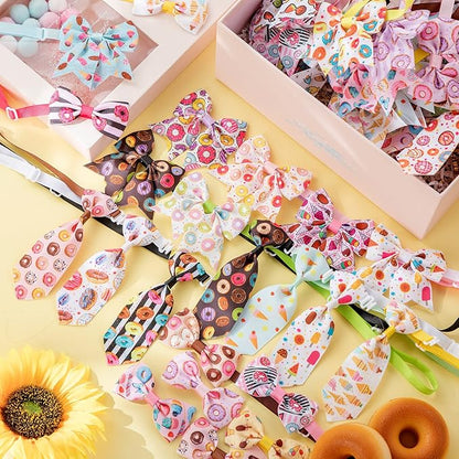 Reginary 100 Pieces Dog Bow Tie Collar Set Include 40 Dog Neckties, and 30 Puppy Bowties, 30 Collar Flowers, Adjustable Pet Ties Grooming for Small Medium Cats Pets Supply(Donut)