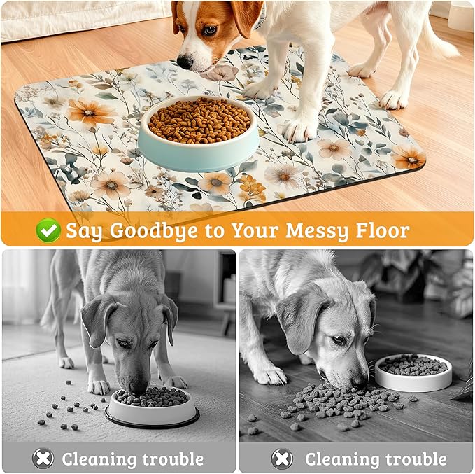 Vintage Flowers Dog Cat Food Mat,Herbs Absorbent Waterproof Placemat for Food and Water Non Slip Rubber Backing Durable Feeding Pad for Clean Floors 16" x 24"