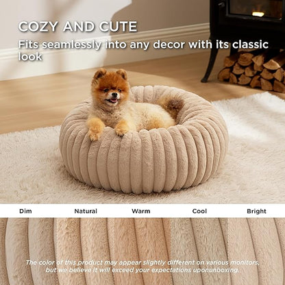 Bedsure ComfyFleece™ Donut Small Dog Bed - Dog Beds for Small Dogs with Corduroy Fleece & Anti Slip Bottom, Round Faux Fur Pet Beds with Washable Removable Cover, Sandy Beige, 23x23x7 inches