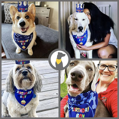 Dog Birthday Party Decorations - Bday Bandana Set - Birthday Boy Bandana for Small Dogs, Puppy, Party Hat, Crown and Cute Dog Birthday Banner with It's My Birthday Mother Puppers Sign