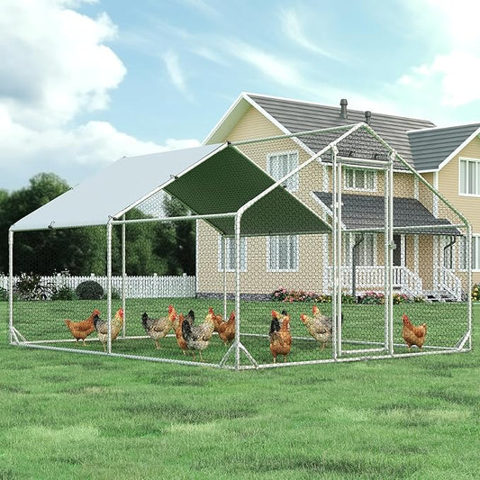 4ever2buy Large Metal Chicken Coop with Run Walk-in Poultry Cage Chicken Runs House Pen Cage Spire Roofed Chicken Coops with Anti-Ultraviolet Cover for Outdoor Yard Farm Use 9.8’L x 13.1’W x 6.4’H