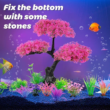 Ameliade Aquarium Artificial Plastic Plants Decoration, Pink Cherry Blossom Tree Aquarium Decor Set, Goldfish Betta Fish Tank Decorations Hides Accessories（Pink