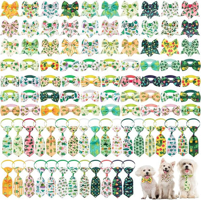 Reginary 100 Pieces Dog Bow Tie Collar Set Include 40 Dog Neckties, and 30 Puppy Bowties, 30 Collar Flowers, Adjustable Pet Ties Grooming for Small Medium Cats Pets Supply(Cactus)