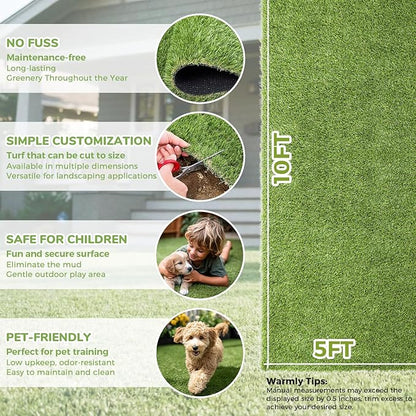 Artificial Grass Rug Indoor Outdoor, 5 x 10FT Fake Grass Turf with Drainage Holes, Realistic Artificial Lawn Rug Dog Pets Mat, Turf Carpet for Garden Lawn Landscape Balcony Patio Backyard Easter Decor