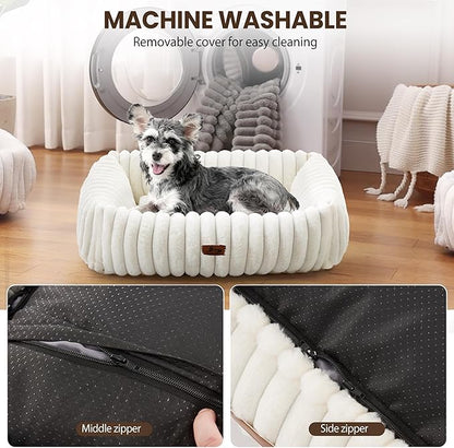 Washable Dog Bed for Small Medium Dogs - Rectangle Orthopedic Corduroy Fleece Pet Bed with Removable Cover and Nonskid Bottom, Calming Puppy Bed Soft Pet Sofa, Cream(20x19x6inchs)