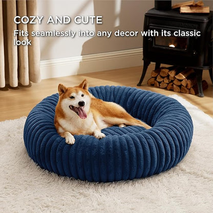 Bedsure ComfyFleece™ Donut Large Dog Bed - Washable Faux Fur, Corduroy Fleece & Anti Slip Bottom, Round Pet Beds with Removable Cover, Night Blue, 36x36x8 inches