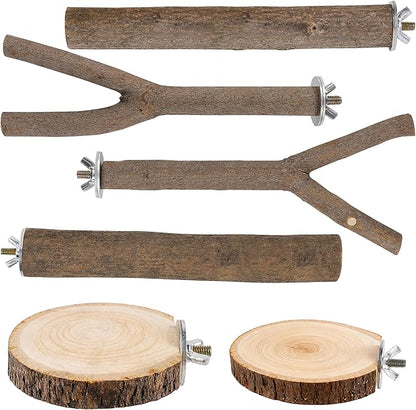 8 PCS Bird Perch Set, Natural Birch Wood Straight & Forked Perches with Platforms for Parakeets, Cockatiels, Conures, Lovebirds - Cage Accessories for Climbing & Exercise