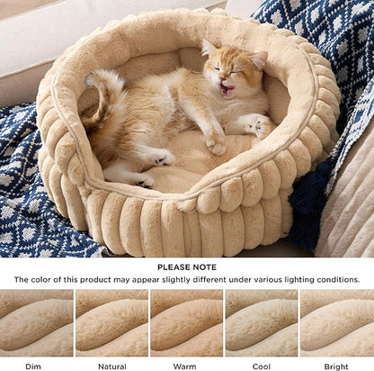 Bedsure ComfyFleece™ Small Cat Bed, Washable Round Cute Pet Beds for Indoor Cats, Super Soft Corduroy Kitten Bed with Anti-Slip Bottom, 20''x20''x8'', Sandy Beige