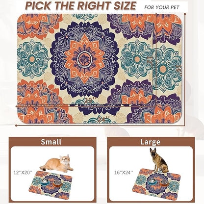 Mandala Flower Dog Cat Food Mat,Vintage Boho Floral Absorbent Pet Feeding Mat with Rubber Backing,Non-Slip Water Bowl Placemat,Indoor Pet Accessories Supplies 12"x20"