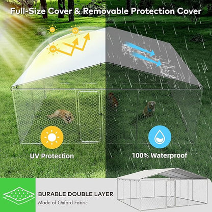15'x15' Large Outdoor Dog Kennel, Heavy Duty Dog Enclosure with Roof, Weather Resistant Cover and Security Lock(183"x183")