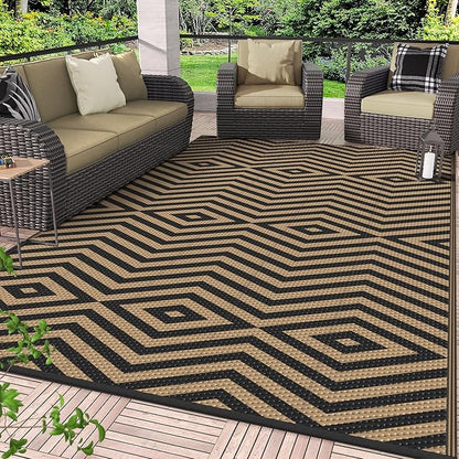GENIMO Outdoor Rug for Patio Clearance, 8'x10' Reversible Plastic Straw Rugs, Lightweight Waterproof Modern RV Camping Mat for Camper, Balcony, Deck, Backyard, Picnic, Black Brown