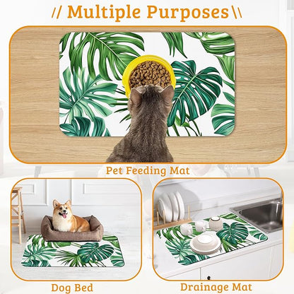 Dog Bowl Mat,Leaves Pet Feeding Mat for Floors Waterproof,Tropical Palm Absorbent Dogs Placemat for Food and Water Quick Dry Pet Cat Feeding Mats with Non Slip Bottom 16" x 24"