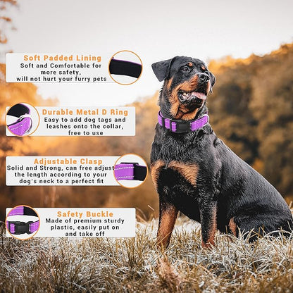 2 Pack Reflective Dog Collar with Safety Locking Buckle, Adjustable Soft Breathable Comfortable Nylon Pet Collar for Small, Medium and Large Dogs, Rosered, L