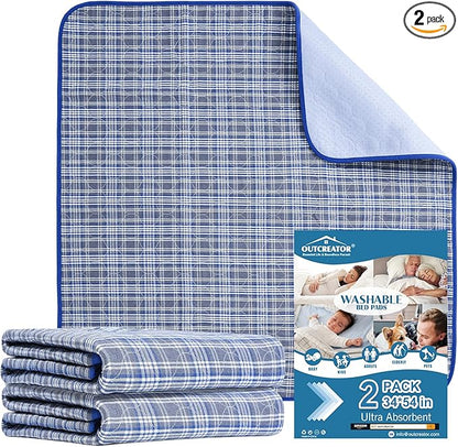 OUTCREATOR® Washable Bed Pads 34" x 54" (Pack of 2) for Incontinence Mattress Protector, Reusable Underpads for Elderly, Adults, Kids, Pets with Anti-Slip Bottom (Light Blue Plaid)