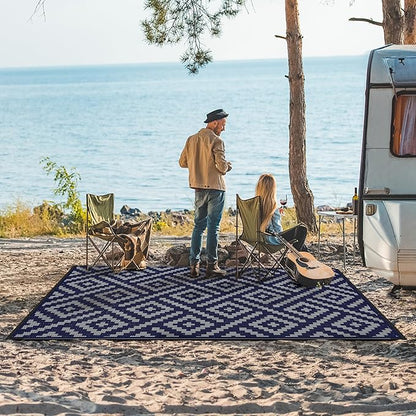 GENIMO Outdoor Rug for Patio Clearance, 8'x10' Waterproof Camping Mat, Reversible Plastic Straw Rugs for RV, Camper, Balcony, Backyard, Picnic, Deck (Blue & Grey)