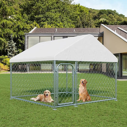 LotFun Large Outdoor Dog Kennel, 6.6 x 6.6 FT Heavy Duty Dog Enclosure with Chain Link Fence, UV-Resistant Canopy Cover, Double Lock Security (6 x 6 x 5 in)
