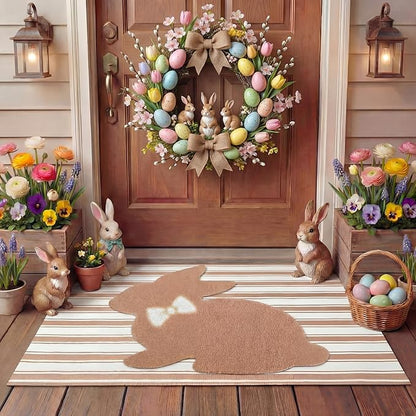 Tinideya 2 Pcs Bunny Door Mat Rabbit Welcome Non Slip Coir Mats Brown and White Stripe Floor Layering Doormats Seasonal for Front Porch Entryway Decor(Rabbit)