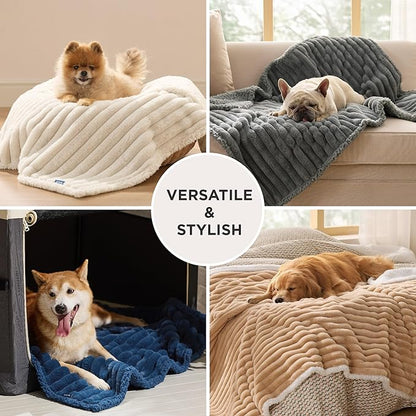 Bedsure ComfyFleece™ Waterproof Dog Blankets for Small Dogs - Soft Puppy Cat Blanket Corduroy Fleece Washable, Cozy Calming Reversible Furniture Protection for Pet Kitten Doggy,25"x35", Warm Grey
