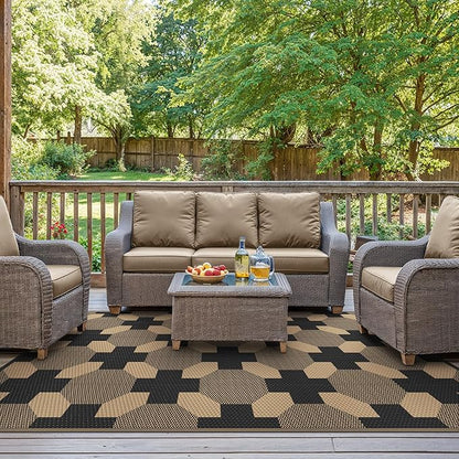 GENIMO Outdoor Rug for Patio Clearance, 6'x9' Reversible Geometric Plastic Straw Rugs, Lightweight Waterproof RV Camping Mat for Camper, Balcony, Deck, Backyard, Picnic, Black Brown