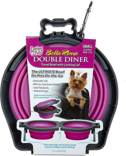 Loving Pets Bella Roma Double Diner Collapsible Dog Bowls - Silicone Dog Bowls, Foldable Bowl, Puppy Essentials & Hiking Pet Supplies Great for Home & Travel (Pink, Small)