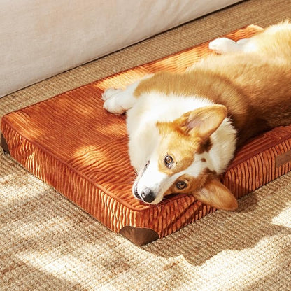 FUKUMARU Dog Bed, Thickened Corduroy Orthopedic Dog Beds with Washable Cover, Large Waterproof Dogs Bed for Crate, 28D Egg Crate Foam Support Pet Mat, Cozy Pet Bed Pad with Anti-Slip Bottom, Orange