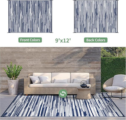 GENIMO Outdoor Rug for Patio Clearance, 9'x12' Waterproof Camping Mat, Reversible Plastic Straw Rugs for RV, Camper, Balcony, Backyard, Picnic, Deck (Blue White)