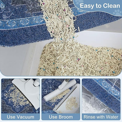 Bienbee Cat Litter Mat, 33" x 22" Large Size Litter Box Mat Rug with Non-Slip Bottom,Urine and Water Proof, Easy to Clean Cat Supplies Essentials for Indoor Kitty Kitten Floor,Navy Geometric L