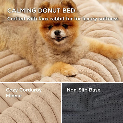 Bedsure ComfyFleece™ Cat beds for Indoor Cats - Donut Dog Beds for Small Dogs with Corduroy Fleece & Anti Slip Bottom, Faux Fur Pet Beds with Washable Removable Cover, Sandy Beige, 20x20x6 inches