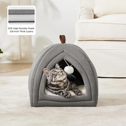 Bedsure Cat Beds for Indoor Cats - 2 in 1 Cat Cave House Tent for Kittens and Small Pets with Removable Washable Cushioned Pillow, Foldable Kitten Hideaway with Non-Slip Bottom, Grey, 16 inches