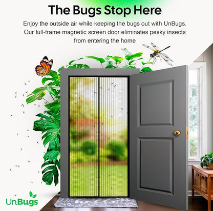 UnBugs Magnetic Screen Door - Fits Doors up to 34 x 82 Inches Max (Item Size 36 x 83) - Pet & Kid Friendly Self-Closing - Hands Free Magnet Closure - Bugs Out & Breeze In